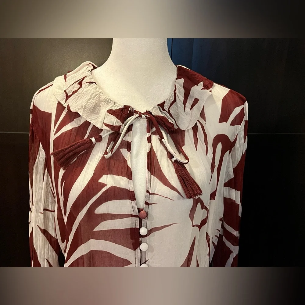 Anthropologie Marais Chiffon Mini Dress w/ ruffled skirt. Maroon, white. L-XL - Picture 7 of 15